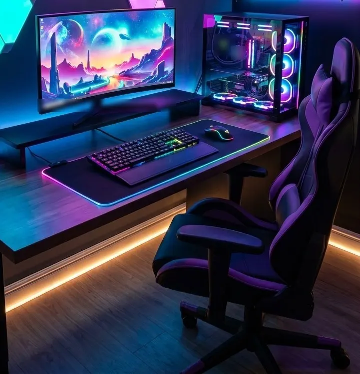 Purple-lit battle station with curved monitor and RGB keyboard