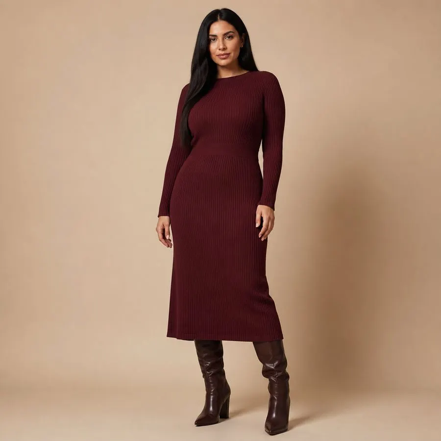 Merlot Rib-Knit Midi Dress