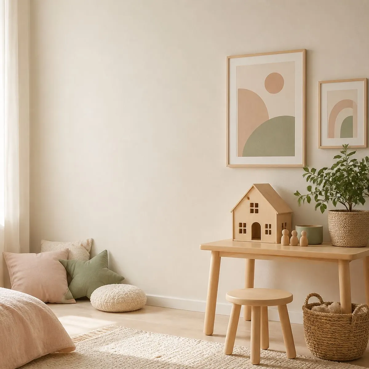A calm playroom with a wooden table, stool and toy house